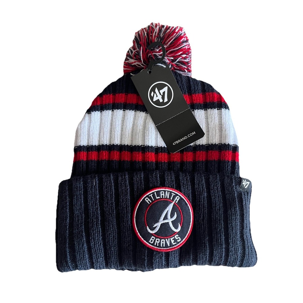 Atlanta Braves 47 Striped Winter Beanie MLB Hat Cap Red White Navy NEW w/ Tags!!